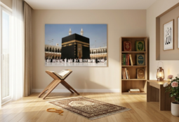 Kabe resmi, kitaplık ve modern rahle ile tasarlanmış huzur veren namaz odası dekorasyonu.