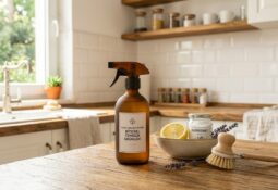 Aydınlık, modern ve minimalist (Utility Chic) bir mutfakta, ahşap tezgah üzerinde limon, lavanta, karbonat ve "Doğal Dönüşüm Rehberi" etiketli bitkisel temizlik ürünü sprey şişesinin dergi kapağı gibi sergilendiği bir kompozisyon.