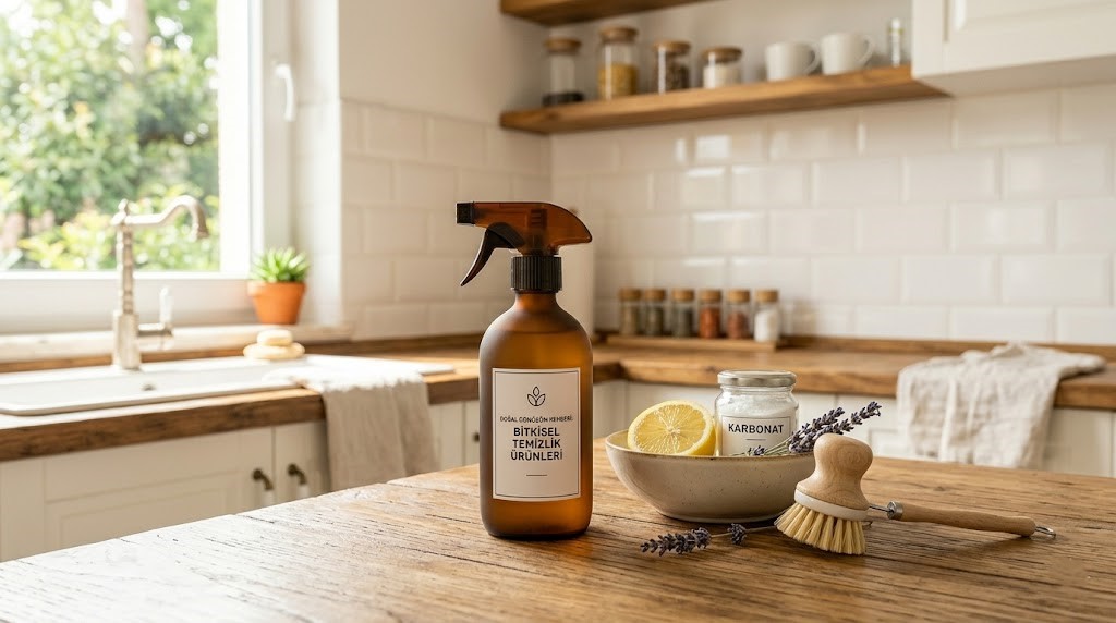 Aydınlık, modern ve minimalist (Utility Chic) bir mutfakta, ahşap tezgah üzerinde limon, lavanta, karbonat ve "Doğal Dönüşüm Rehberi" etiketli bitkisel temizlik ürünü sprey şişesinin dergi kapağı gibi sergilendiği bir kompozisyon.