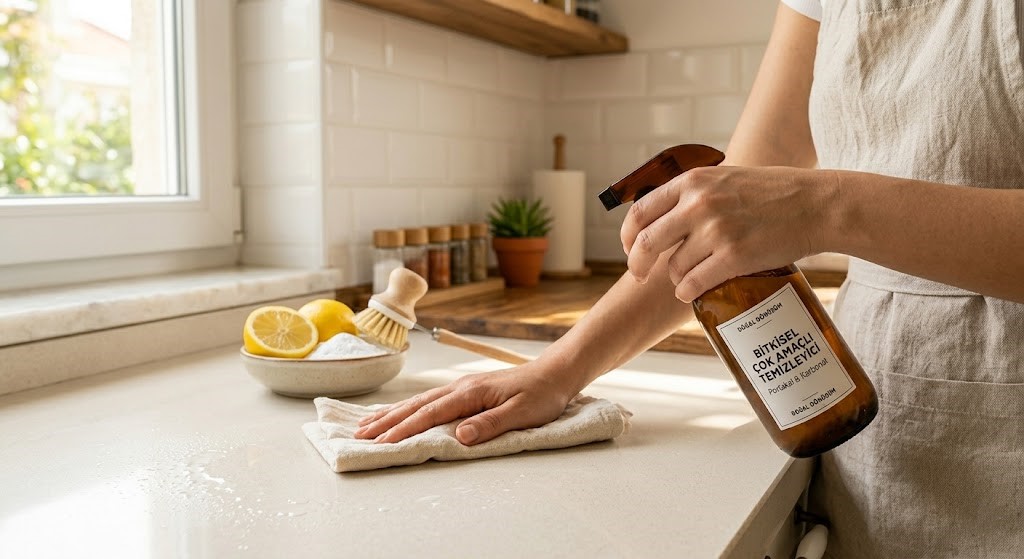 Aydınlık, modern bir mutfakta, elinde bitkisel çok amaçlı temizleyici sprey tutan bir kadının kuvars tezgahı organik bezle temizlemesi. Arka planda limon ve karbonat görülüyor.