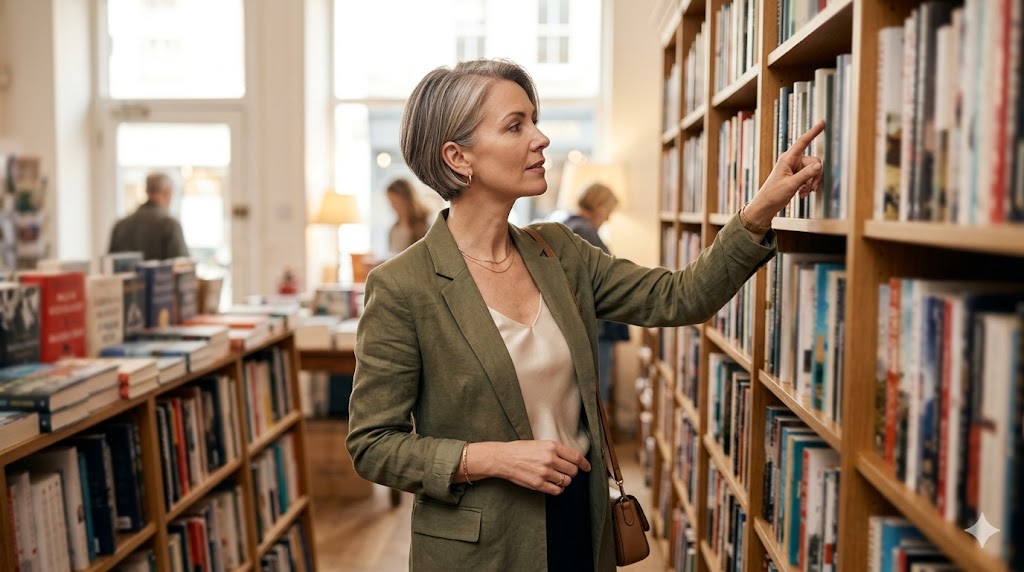 Modern bir kitapçıda kitap raflarına bakan 40 yaş üzeri kadınlar, aradıkları eseri bulmaya çalışıyor.