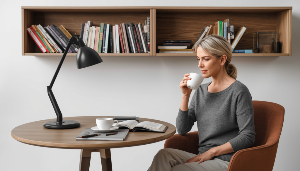 Modern görünümlü 40 yaş üzeri kadınlar, evdeki kitaplığında kahvesiyle kitap okurken.
