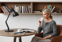 Modern görünümlü 40 yaş üzeri kadınlar, evdeki kitaplığında kahvesiyle kitap okurken.