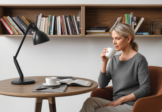 Modern görünümlü 40 yaş üzeri kadınlar, evdeki kitaplığında kahvesiyle kitap okurken.