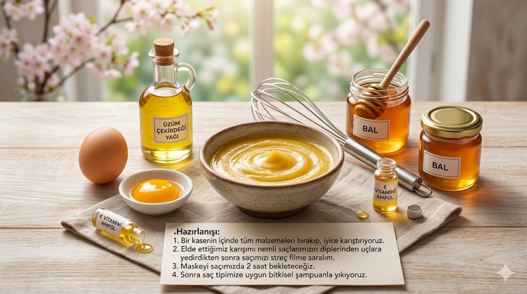 İlkbaharda Saç Bakımı İçin Maske Üzüm çekirdeği yağı, bal, yumurta ve E vitamini ile hazırlanan anti aging maske malzemeleri ve ilkbaharda saç bakımı için hazırlanış adımları.