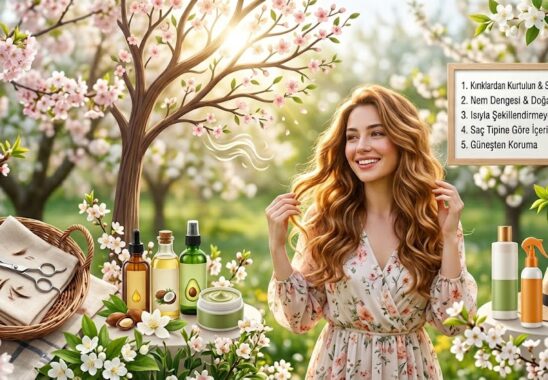 Baharda çiçekler arasında gülümseyen kadın ve ilkbaharda Saç Bakımı için doğal yağlar, makas ve bakım önerileri listesi.