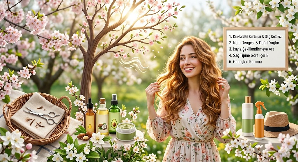 Baharda çiçekler arasında gülümseyen kadın ve ilkbaharda Saç Bakımı için doğal yağlar, makas ve bakım önerileri listesi.