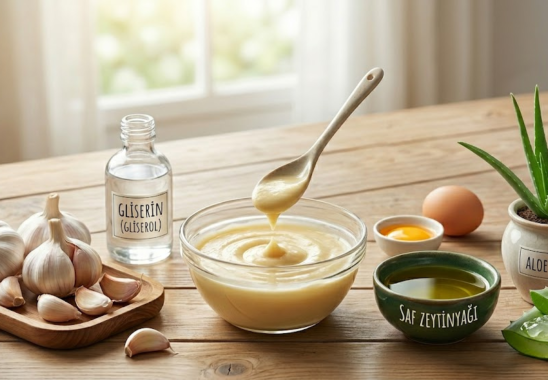 Saç dökülmesine karşı hazırlanan sarımsak, gliserin, yumurta ve zeytinyağı içerikli doğal maske malzemeleri.