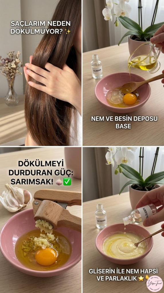 Saç dökülmesine karşı uygulanan sarımsak ve gliserin maskesi sonrası güçlenmiş, parlak ve sağlıklı görünen uzun saçlar.