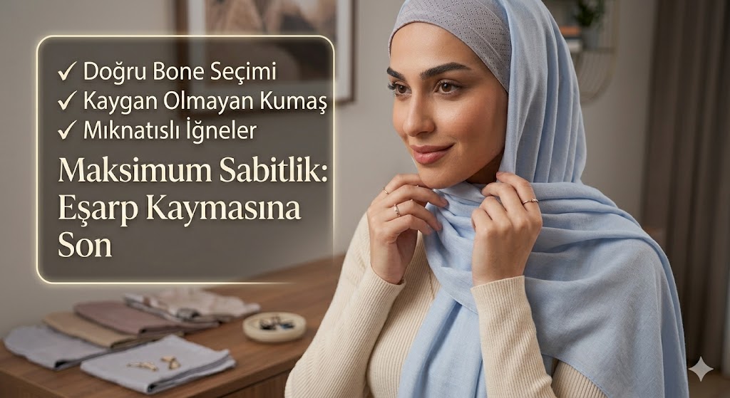 Doğru bone seçimi ve kumaş dokusu ile eşarp kaymasına son veren pratik yöntemler görseli