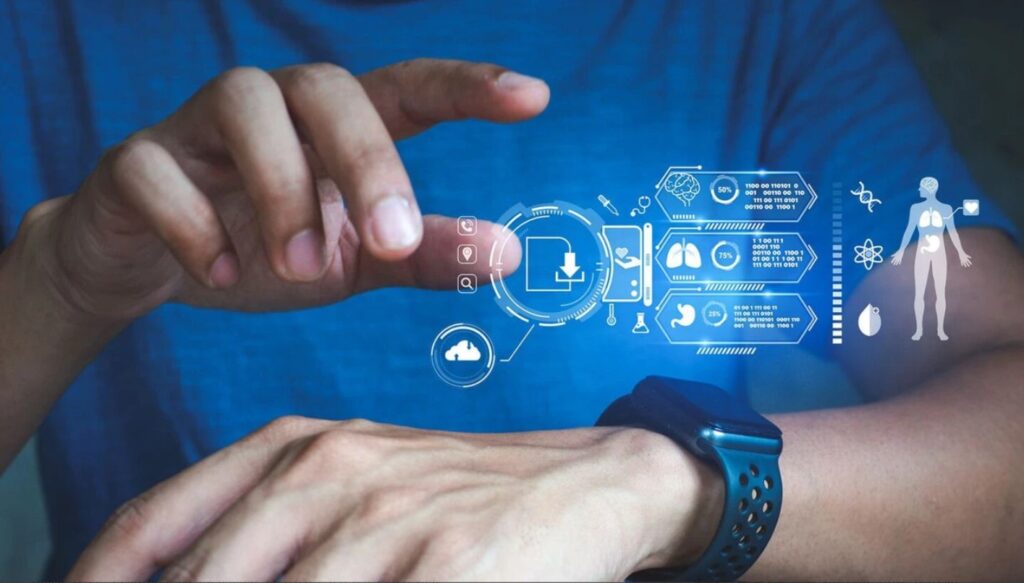 Akıllı saat ve dijital arayüz üzerinden vücut verilerini takip ederek uygulanan modern bir biohacking yöntemi görseli.