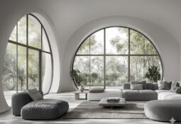 Less is more felsefesiyle tasarlanmış, devasa kemerli pencereleri olan, gri tonlarında modern ve ferah bir minimalist oturma odası tasarımı