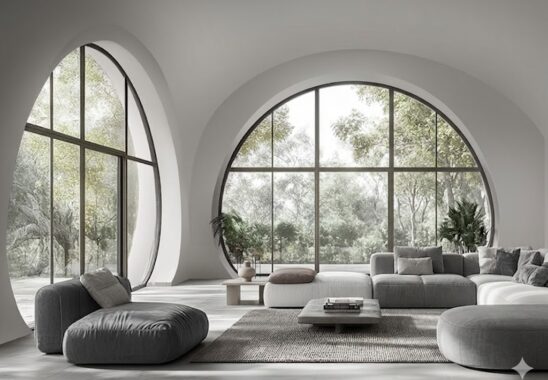 Less is more felsefesiyle tasarlanmış, devasa kemerli pencereleri olan, gri tonlarında modern ve ferah bir minimalist oturma odası tasarımı