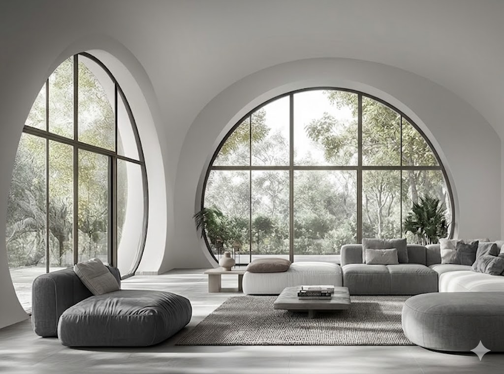 Less is more felsefesiyle tasarlanmış, devasa kemerli pencereleri olan, gri tonlarında modern ve ferah bir minimalist oturma odası tasarımı